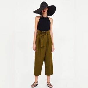 ZARA High Waist Paperbag Linen Blend Pants Olive Tie Waist Cropped Wide Leg S